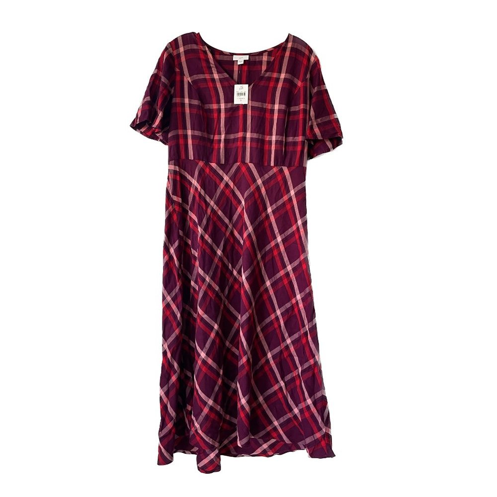 NWT J.Jill Burgundy Plaid Midi Dress | Flutter Sleeve | V-Neck | Size Small